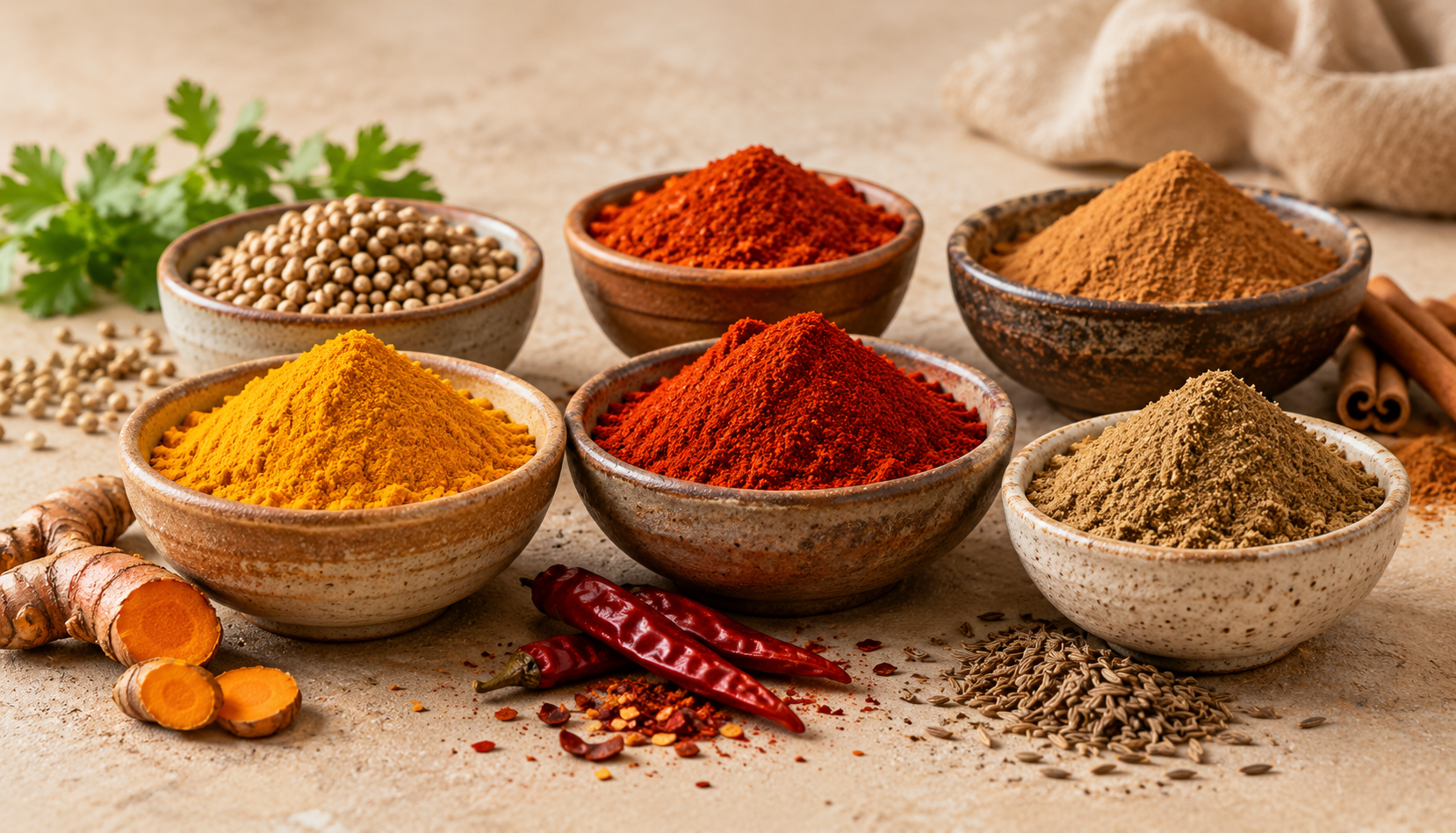 Ground spice powders in bowls